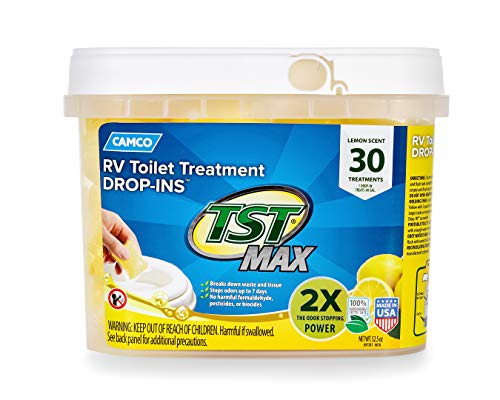 Camco 41577 30 Pack Strength TST Ultra-Concentrated Lemon Citrus Scent RV Toilet Max Treatment Drop-Ins, Formaldehyde Free, Breaks Down Waste and Tissue, Septic Tank Safe