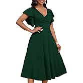 MarryUP Women's Cocktail Midi Dress Elegant V Neck Ruffle Short Sleeve Wrap Wedding Guest Semi Formal A Line Dress