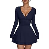 XXTAXN Women's Sexy Wrap V Neck Long Sleeve Flowy Hem A Line Ruched Waist Corest Mini Dress