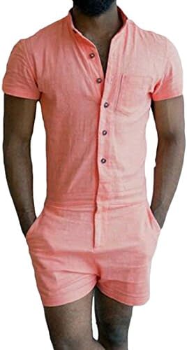 MU2M Men Short Sleeve Cargo Pants Solid Color Slim Fit Short Jumpsuit Romper