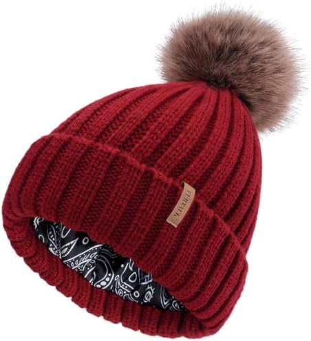 Women\'s Wine Red Winter Warm Knitted Beanie Faux Fur Pom Skull Style Hat Cap Women main image 3