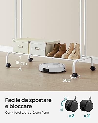 Stand Appendiabiti Doppio, Attaccapanni con Ruote, Struttura in Acciaio, Portata Fino a 100 kg, Larghezza di 103,5 cm, Multifunzione, Bianco HSR107W01