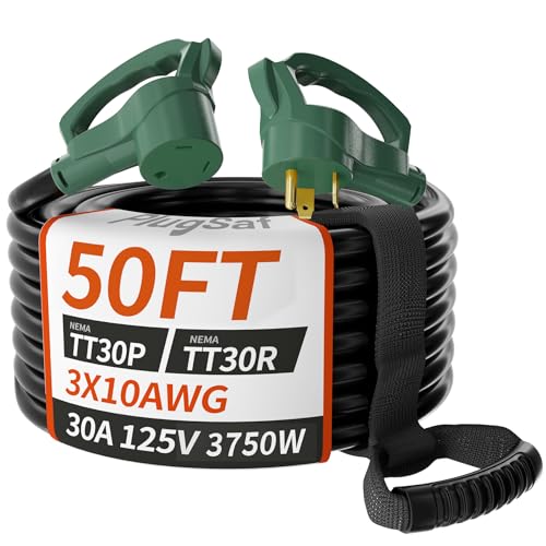 Photo 1 of PlugSaf 50 FT 30 Amp RV Extension Cord Outdoor with Grip Handle, Flexible Heavy Duty 10/3 Gauge STW RV Power Cord Waterproof with Cable Organizer, NEMA TT-30P to TT-30R, Black-Green, ETL Listed