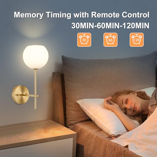 Juego de 2 Apliques de Pared LED Inalámbricos Dorados, Lámparas de Pared Recargables a Batería con Vidrio Esmerilado Blanco Opal, 12 RGB y 3 CCT Regulables, Control Remoto para Dormitorio y Salón