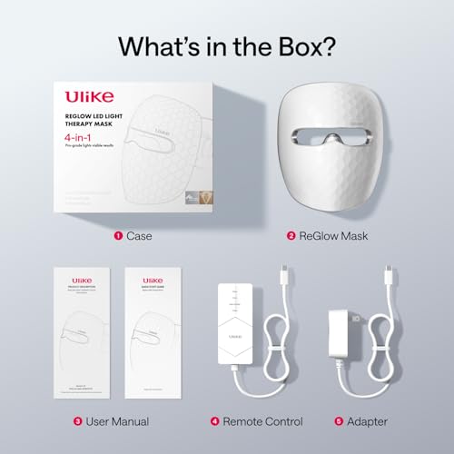 Ulike ReGlow LED Face Mask, Red Light Therapy for Face, Red, Blue, Yellow & Infrared Light Therapy for Acne & Anti-Ageing, Cordless, Remote Control, Eye Protection, Home Skincare Device for Women Wife