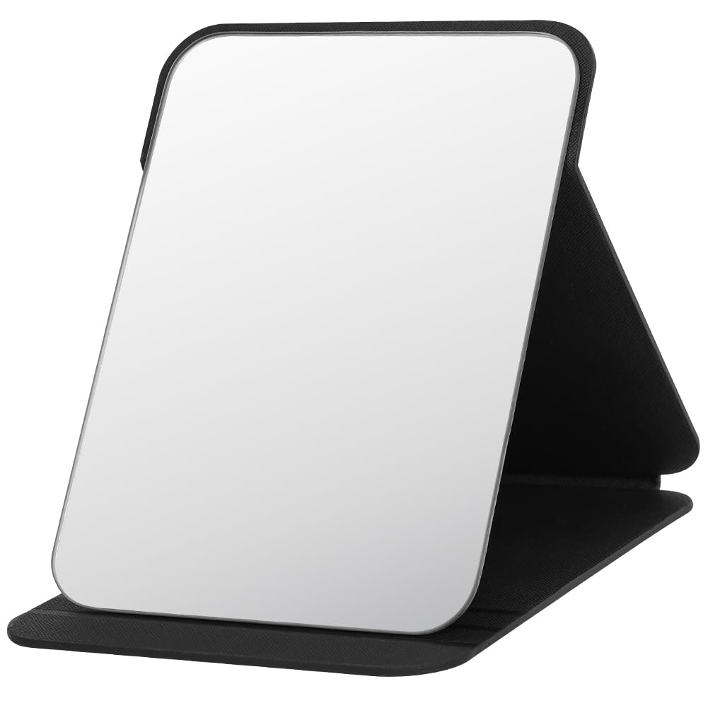 OSDUE Folding Tabletop Mirror, 16 * 11cm Black PU Leather Portable Travel and Desktop Vanity Mirror with Stand for Office Desk, Vanity Table, Camping