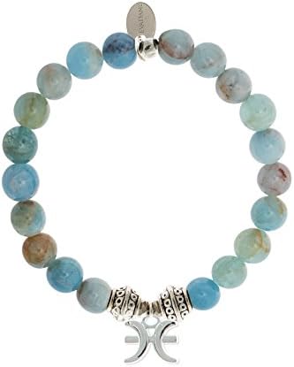 EvaDaneNatural Aquamarine Beryl Gemstone Tibetan Bead Pisces Charm Stretch Bracelet
