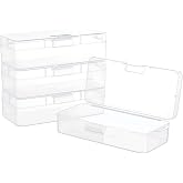 BENECREAT 4 Packs Rectangle Plastic Container Box, 7x3x1.8inch Clear Storage Organizer with Hinged Lid and Hanging Hole for Small Craft Accessories Office Supplies