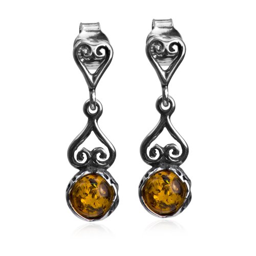 Sterling Silver Amber Round Dangle Earrings
