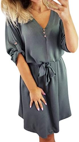 Colouredays Dress for Women Casual Summer Clothing Tunic Long-Sleeved Solid Design Buttons Half Sleeve Belt Skirt