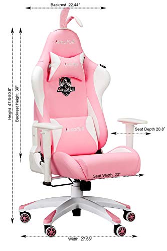 Gaming Chair Large Size High-Back PU Leather Ergonomic Racing Seat with Lumbar Support, Rabbit Ears and Fluffy Tail, Pink - Thumbnail 5
