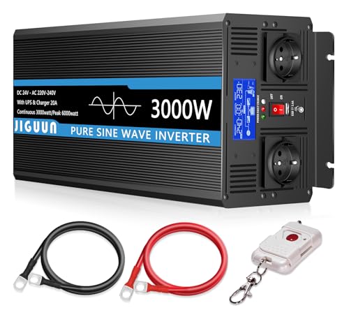 JIGUUN 3000W/6000W Inverter 24V 220V Pure Wave Inverter | Charger 20A and Priority Circuit Network and UPS,2 EU outlets, Wireless Remote Control and LCD Display