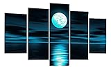 Ode-Rin Art - 100% Hand Painted Oil Painting on Canvas Blue Skyline Sea White Full Moon Night Wood Framed Landscape Wall Art Painting Abstract Home Decoration, Ready to Hang