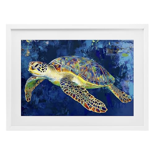 Stupell Industries Sea Turtle in Prismatic Colors White Framed Print Under Glas…