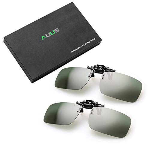 AUUS [2-Pack] Clip on Sunglasses Flip Up Polarized Sunglasses Anti-Blue Ray Glare Eyeglass Frameless Rectangle lens UV400 for Driving Fishing Cycling Walking Outdoor(Green)