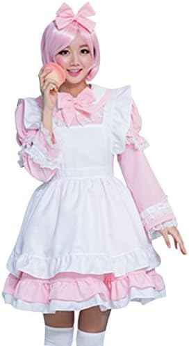 JINZFJG Adult Women Anime French Apron Maid Halloween Fancy Dress Lolita Cosplay Costume, Pink, L/ Recommend Height 63"-67"