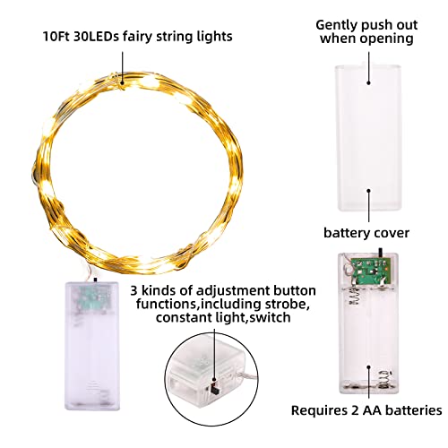 Mandiq Fairy Lights Battery Operated, String Lights 10ft 30 LEDs, Flashing and Constant Light Mode, Silver Wire Mini Lights for Festival, Christmas Decoration