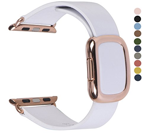 JSGJMY Apple Watch Band 38mm Cuff Leather Loop Original Modern Buckle With Magnetic Clasp Replacement Strap for iwatch Series1 Series2 (Bright White+Rose Gold Buckle, 38MM M)