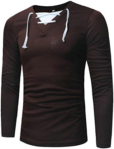 ainr Mens Shirt Casual Long Sleeve V-Neck Cotton Lace-up T-Shirt Coffee M