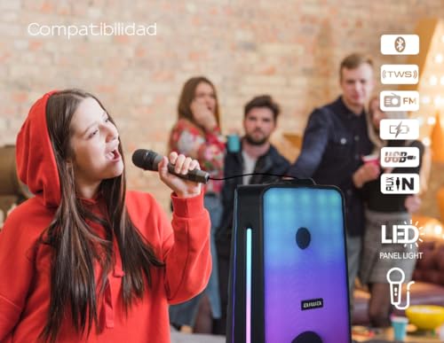 Aiwa Bocina Portátil Recargable 50W RMS, Bluetooth 5.3 con TWS, Doble Woofer de 5", Luces LED, Super Bass, Radio FM, Doble Entrada para Micrófono Karaoke, Pantalla LCD, Modelo AWPOK400LD Color Negro