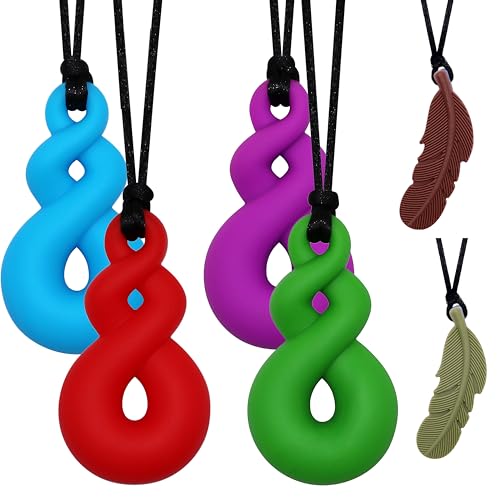 Sensory Chew Necklace for Kids, Boys and Girls, 4 Pack Silicone Feather Chewing Necklace for Autism, ADHD, Chewing, Oral Motor Pendant for Mild Chewers