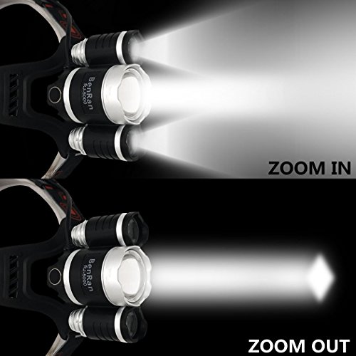 BenRan 6000Lm Headlamp IMPROVED LED,4 Light Modes Headlight,Zoom Flashlight with Rechargeable 18650 Battery & Dual Smart Charger,Hunting Helmet Light for Camping,Running (Silvery Include 4 Battery) - Thumbnail 7