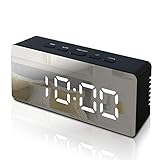 GLOUE Alarm Clock with USB Charger, Digital Alarm Clocks for Bedrooms, Small Bedside Mirror Alarm Clock, 12/24 Hr, Temperature, Snooze and Large Display, Battery Back Up, Adjustable Brightness (Black)