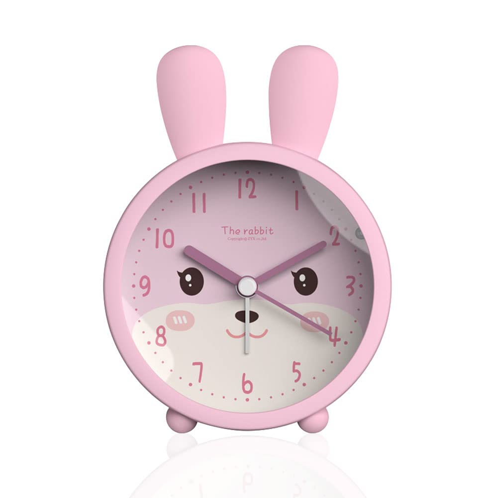 Roadtime Cute Animal Alarm Clock for Kids, Non-Ticking Rabbit/Cat/Deer Clock, Desk Bedside Silent Alarm Clock with Backlight (Rabbit,Pink)