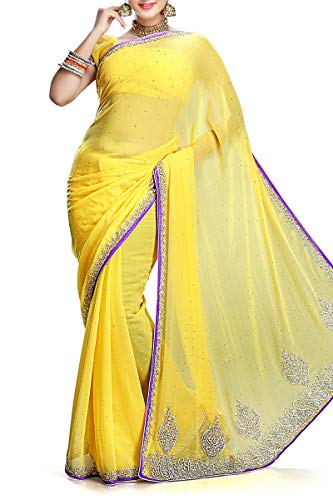 VinHem Fashion Exclusive Indian Ethnic Wear Designer Yellow Chiffon Saree with Stone Work, Zircon Work