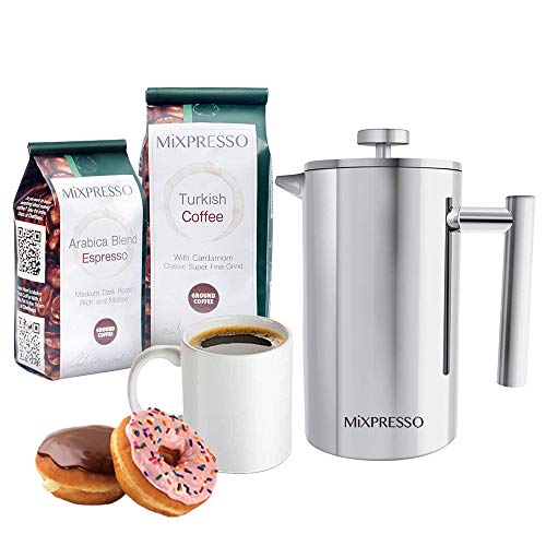 Stainless Steel French Press Coffee Maker Double Wall Insulation Coffee &Tea Brewer Easy Clean And Easy Press By Mixpresso (1L, 34 oz.)