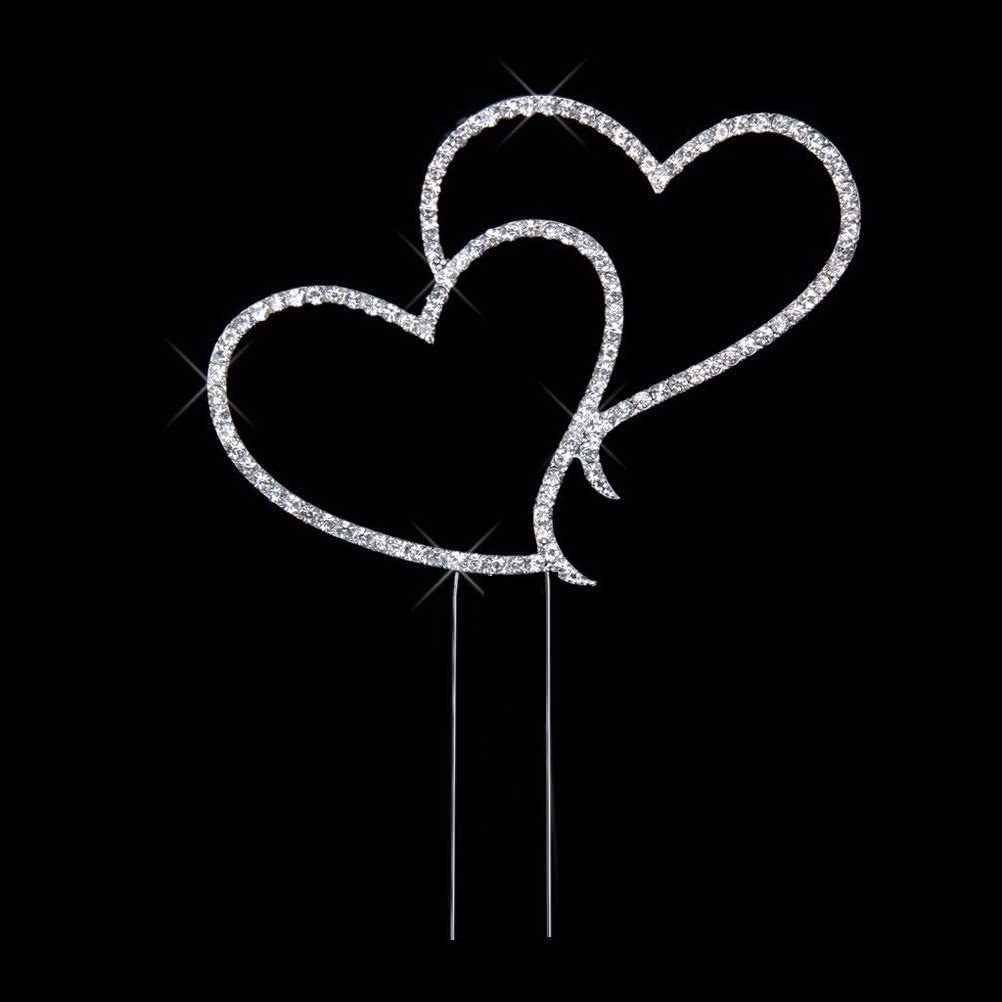 Crystal Double Hearts Cake Topper,Wedding Cake Toppers Birthday Cake Decoration Delicate Sparkling Rhinestones Caketopper for Wedding Valentine Anniversaries Cake Decorations Silver