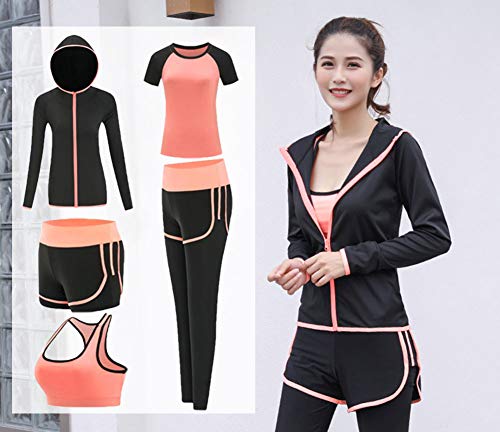 ZETIY Women's Activewear Set 5 Piece Yoga Jogging Workout Clothes Athletic Tracksuits (Large, Orange)