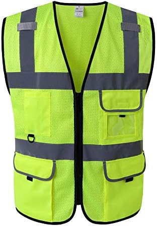 Phrmovs Class 2 Mesh Breathable Yellow Safety Vest 4 Pockets Hi-vis Outdoor Workwear