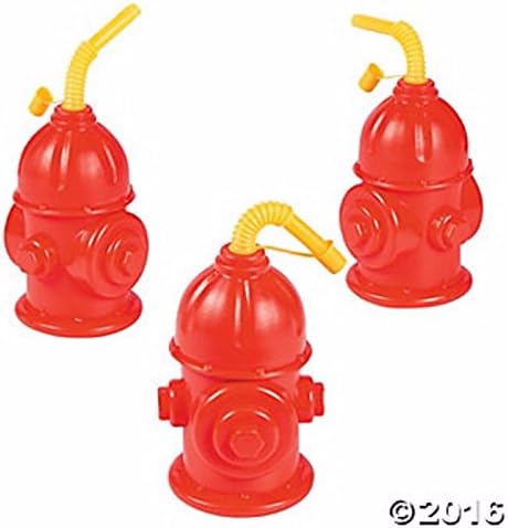 8pc 4" x 5 1/2" Red plastic fire hydrant screw on lids ,straws firemen fire department & birthday, child drink cups