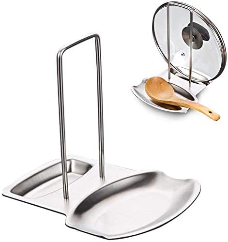 Pan Pot Rack Cover Lid Rest Stand Spoon Holder Stainless Steel Silver 19 x 15.5 x 19 cm