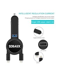 SDBAUX cargador de coche, carga rápida 3,1 A 15 W con cable retráctil doble de 2,3 pies, compatible reemplazo para teléfono XS Max XR X 8 7 6 Plus 5S, 1 puerto USB para Samsung Galaxy LG Google Pixel