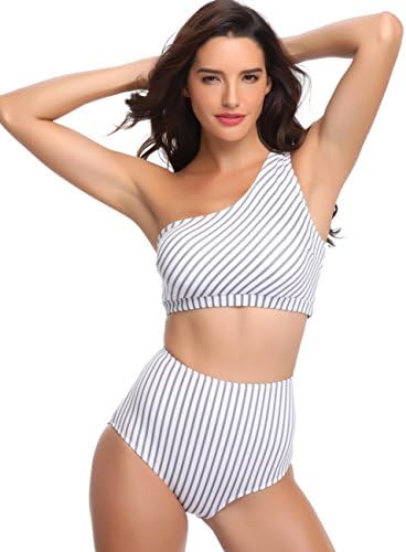 Women Padded Stripe Bikini Set One Shoulder 2 Piece Swimwear (M, Stripe)