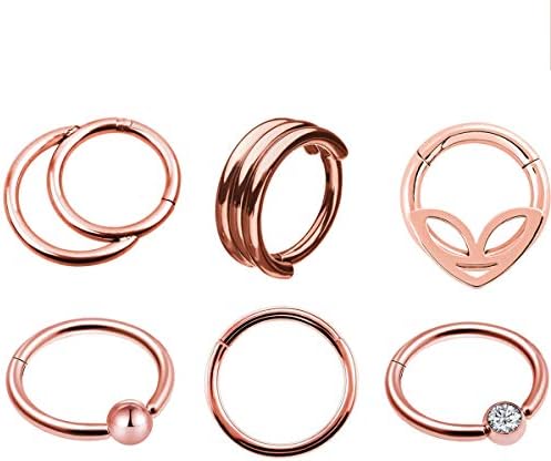 TOPBRIGHT 6pcs Nose Septum Segment Ring 16G Nose Septum Ring Hoop Mixed Styles 316L Stainless Steel Septum Clicker for Body Piercing (Rose Gold 5/16"(8mm))