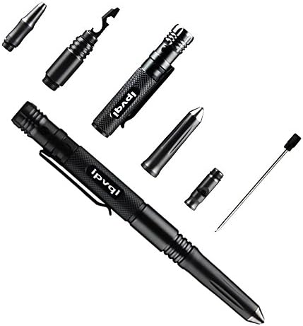 Tactical Pen Portable Aluminum Survival Self Defense with LED light Hexagon wrench screwdriver Emergency Glass Breaker, Writing Signature(Black)