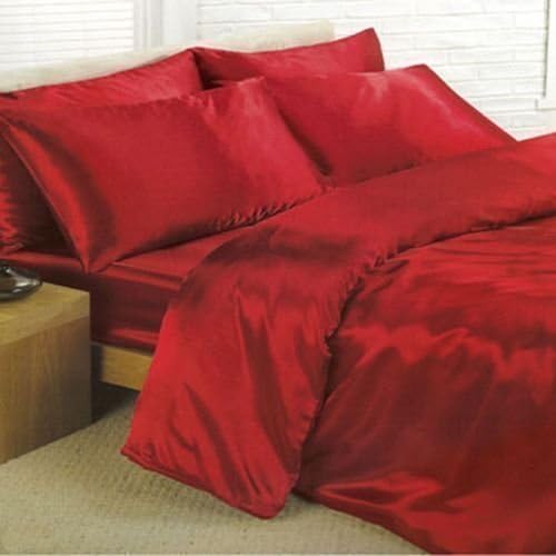 6PC Satin Silk Luxury Feel Complete Duvet Cover Bed Sheet Set In 6 Colours (King, Red)