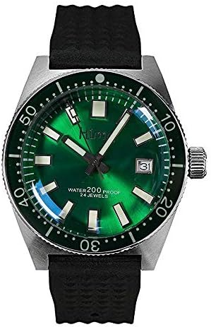 Men S Automatic Analogue 62Mas Watch with Rubber Strap Green Dial Mineral Glass