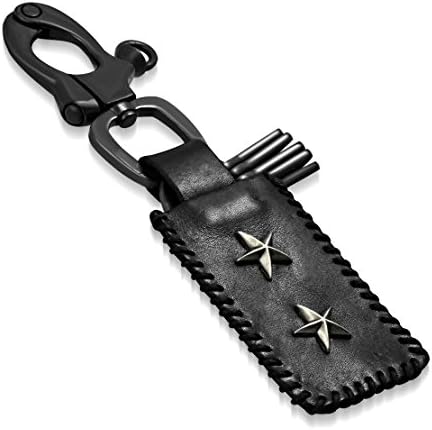 Fashion Alloy 2-tone Twin Star Stud Tag Multipurpose Removable Ring Valet Leather Biker Key Chain
