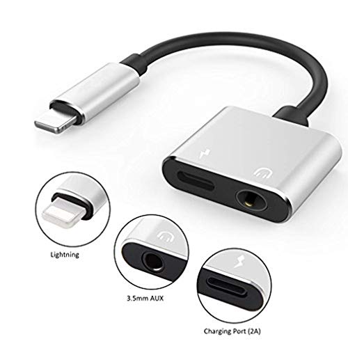 eLUUGIE 2 Packs 2 in 1 Headphone Splitter Charging & Audio Connector Charger Cable 3.5mm Headphone Jack Adapter for for Phone Xs/Xs Max/XR/ 8/8 Plus / 7/7 Plus Support All I-O-S System (Silver) - Thumbnail 4