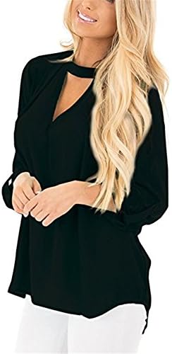 YOUHUA Women Cuffed Shirt Choker V Neck 3 4 Sleeve Casual Loose Chiffon Solid Color Blouse Tops(YJ0724-Black-XXL)