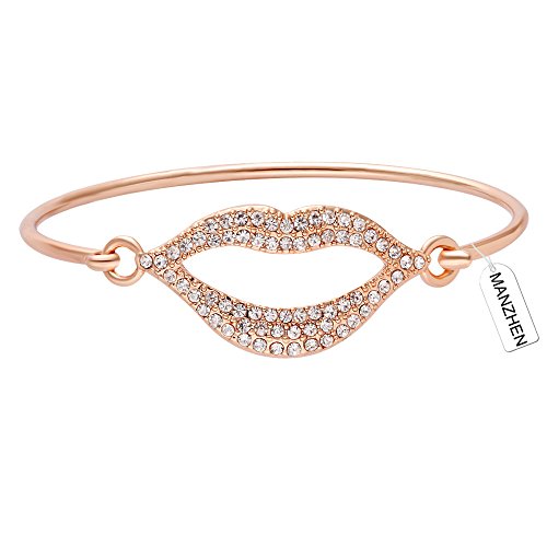 MANZHEN Easy Open Delicate Clear Full Rhinestone Lip Hook Bangle Bracelet for Women (rose gold)