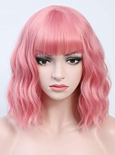 SHINYSHOW Pink Wavy Wig with Bangs Medium Shoulder Length 12.5 inches Synthetic Halloween Party Wigs