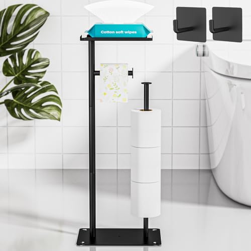 GALASALA Porta Rollos Papel de Baño de Pie, Porta Papel de Baño de Acero Inoxidable, Soporte Portarollos Papels Higienico con Base Antideslizante, para 4 Rollos de Repuesto y 2 Ganchos