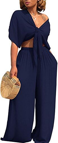 VLUNT Women's Sexy 2 Piece Outfits V-Neck Crop Top and Wide Leg Long Pants Jumpsuits Set,Navy-XXL