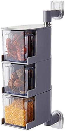 annotebestus Wall Mount 360° Rotary Spice Jars with Spoon, Seasoning Box Drawer Type Food Storage Container, ABS + Stainless Steel Grey 3 Layers