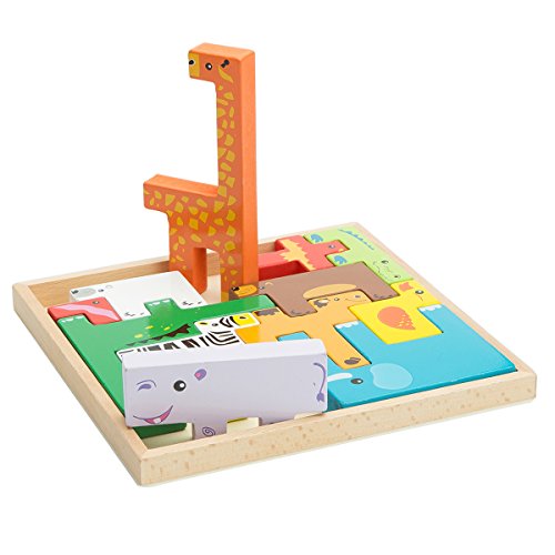 Wondertoys 13 Pieces Wooden Animal Blocks with Book Guide Stacking Game Educational Toys for Children Baby